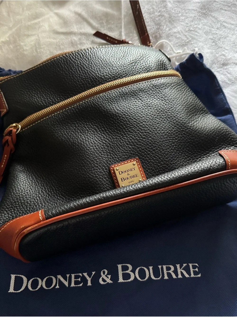 Dooney & Bourke Black Pebbled Leather Crossbody with Brown Trim & Gold Hardware